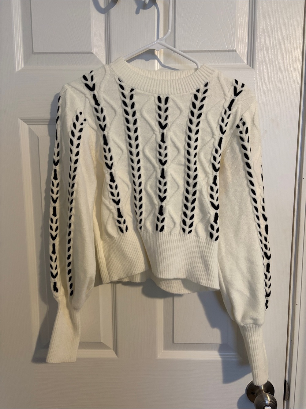 Women's White Cropped Cable Knit Sweater with Black Accents